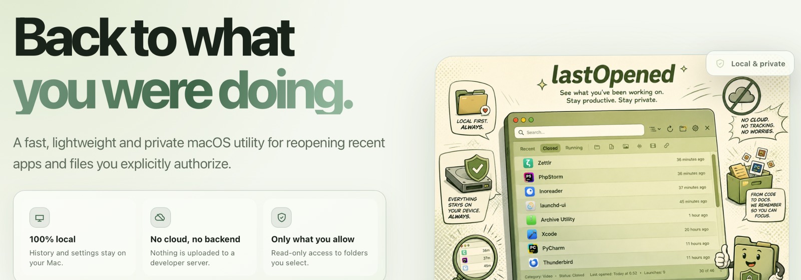LastOpened — Back to what you were doing. Recent apps and files, one shortcut away.