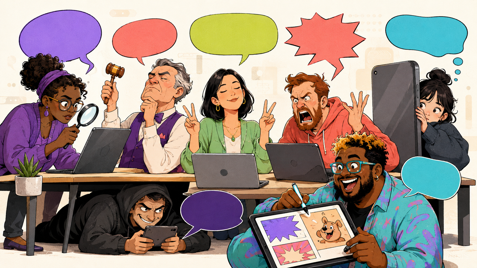 Comic ensemble of internet commenter archetypes